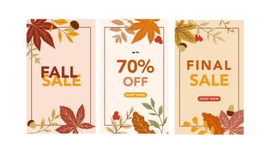 Sonbahar indirimi afişi. Sonbahar illüstrasyon bırakır. Sonbahar sınır tasarımı. Bayram kartları, şablonlar, şükran günü tasarımları için sonbahar grafikleri. Yaprak Düz Çizim. Poster şablonunu düşür