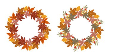 Yapraklı çelenk. Sonbahar illüstrasyon bırakır. Sonbahar çelengi tasarımı. Bayram kartları, şablonlar, şükran günü tasarımları için sonbahar grafikleri. Yaprak Düz Çizim. Poster şablonunu düşür