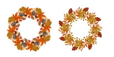 Yapraklı çelenk. Sonbahar illüstrasyon bırakır. Sonbahar çelengi tasarımı. Bayram kartları, şablonlar, şükran günü tasarımları için sonbahar grafikleri. Yaprak Düz Çizim. Poster şablonunu düşür