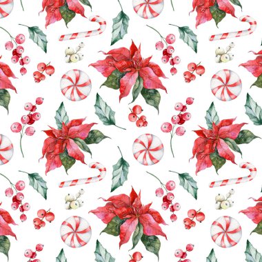 El Çizimi Suluboya Noel Arkaplanı. Sivri uçlu ve yapraklı Noelsiz desen. Noel suluboya. Kış yeşilliği. Duvar kağıtları, tekstil, kartlar, etiketler için Noel deseni