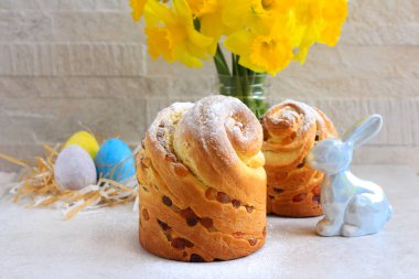 Easter bread, kulich or cruffin with easter decoration