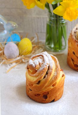 Easter bread, kulich or cruffin with easter decoration