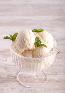 Vanilla ice cream scoops in a bowl