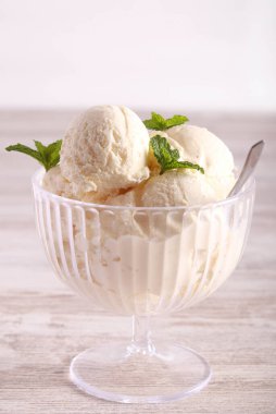 Vanilla ice cream scoops in a bowl