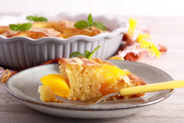 Peach Almond Cake Served — Stock Photo, Image