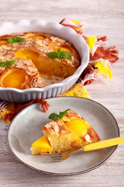 Peach Almond Cake Served — Stock Photo, Image
