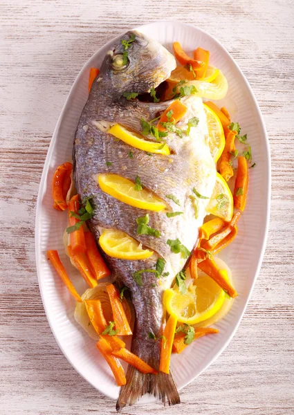 Baked Dorada Sea Bream Fish Lemon Carrot — Stock Photo, Image