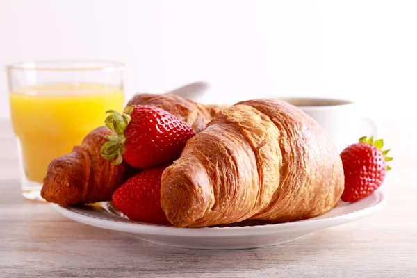 Set Petit Déjeuner Avec Croissants Jus Orange Café — Photo