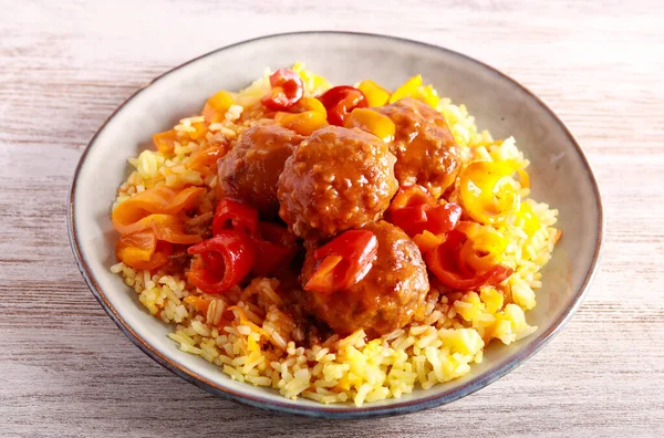 Sweet Sour Meatballs Pepper Gravy Rice — Stock Photo, Image