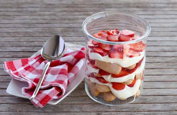 Strawberry Cream Dessert Trifle Jar — Stock Photo, Image