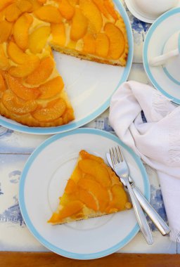 Peach upside down cake, served