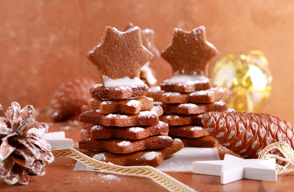 Gingerbread Christmas Tree Cookies Dark Brown Background — Stock Photo, Image