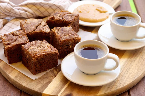 Chocolate Peanut Butter Brownies Served Coffee — Stock Photo, Image