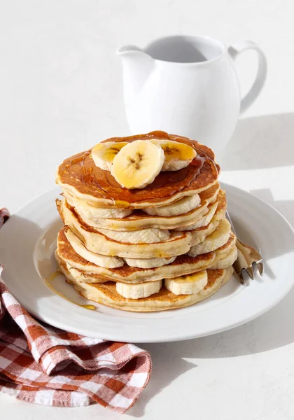 Pile Banana Pancakes Honey Plate — Stock Photo, Image
