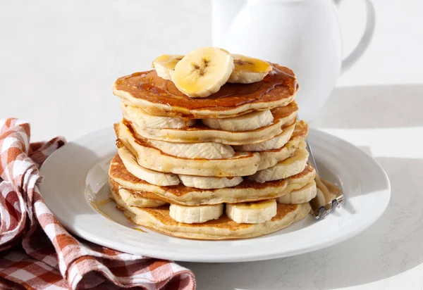 Pile Banana Pancakes Honey Plate — Stock Photo, Image