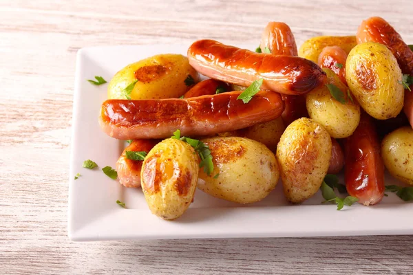 Roast Sausages Potatoes Plate — Stock Photo, Image