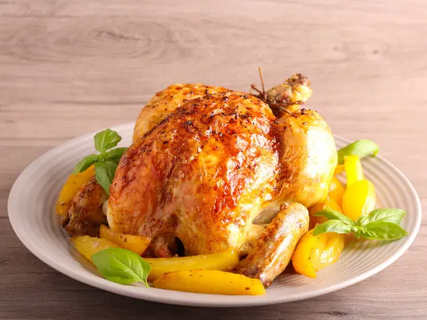 Roast whole chicken with potatoes on plate