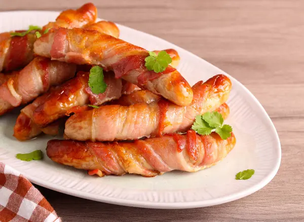 Pigs Blankets Roast Sausages Wrapped Bacon Rashers — Stock Photo, Image
