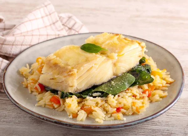Cod Fillet Spinach Rice — Stock Photo, Image