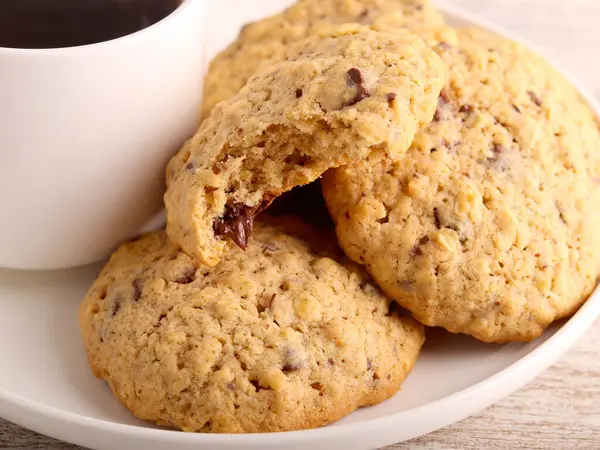 Oat Chocolate Chip Cookies Cup Coffee — Stock Photo, Image