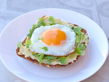 Humus, mikro yeşil ve sahanda yumurta dilimlenmiş kahverengi ekmek dilimi. Sağlıklı kahvaltı.