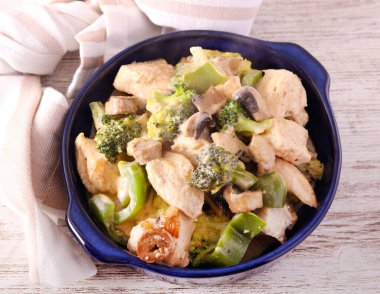 Brokoli, biber ve mantarlı kremalı tavuk.