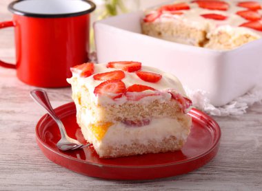 Strawberry, peach and cream layered lady finger dessert