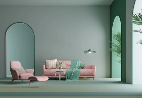 Причудливый Интерьер Комнаты Зеленой Аркой Стены Розовым Креслом Диваном — стоковое фото
