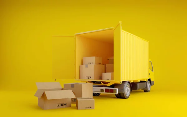 stock image Yellow delivery truck with cardboard boxes.Transportation shipment.3d rendering