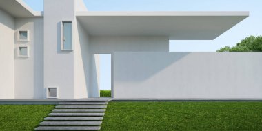 White modern architecture with sky and lawn grass.3d rendering