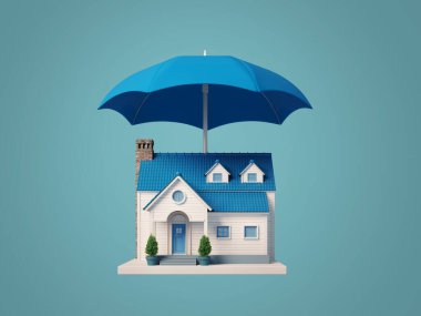 House with umbrella.Concept for home insurance.3d rendering