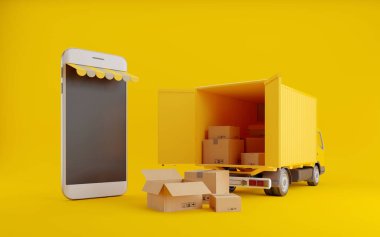 Delivery truck with smartphone and parcel for online shopping ecommerce or logistics concept.3d rendering