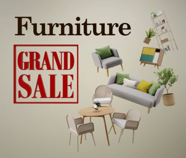 Furniture flying in background.Concept for selling furniture advertisement.3d rendering clipart