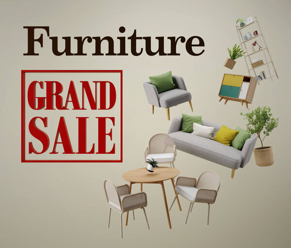 Furniture flying in background.Concept for selling furniture advertisement.3d rendering