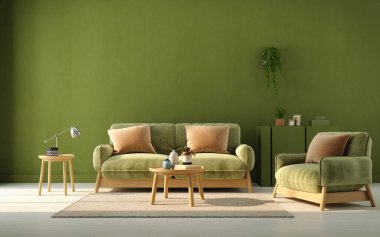 Green living room interior with sofa armchair and green wall background.3d rendering