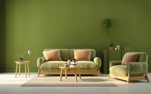 Green Living Room Interior Sofa Armchair Green Wall Background Rendering —  Fotos de Stock