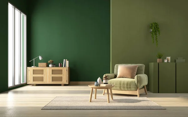 Green Living Room Interior Armchair Green Wall Background Rendering —  Fotos de Stock