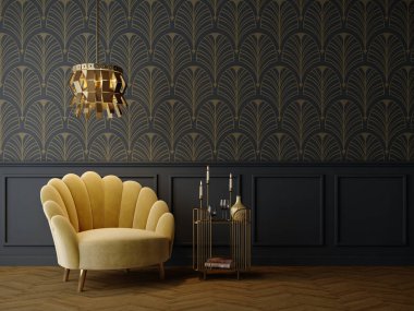 Art Deco iç tasarımı klasik tarzda sarı koltuk ve lamba 3D görüntüleme.