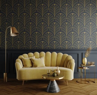 Art Deco iç mimarisi klasik tarzda sarı kanepe masası ve 33d lamba kaplamalı..
