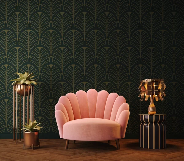 Art Deco Interior Classic Style Pink Armchair Plant Lamp Rendering — Stock Photo, Image