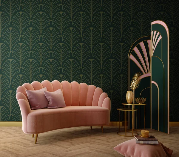 Interiorul Art Deco Stil Clasic Canapea Roz Masă Redare — Fotografie, imagine de stoc