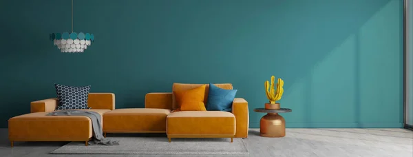 Orange sofa and blue wall in modern living room.3d rendering