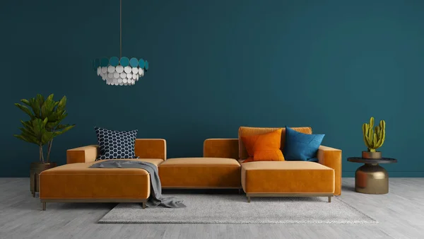 Orange sofa and blue wall in modern living room.3d rendering