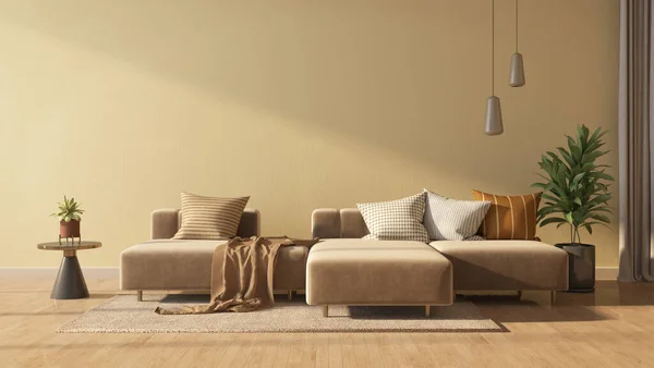 現代のリビングルームの茶色のソファと黄色の壁 — ストック写真