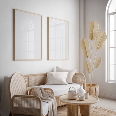 Boş resim çerçeve 3D görüntüleme ile boho biçimi iç mimarisi