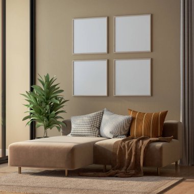 Boş çerçeve, modern oturma odasında, kanepe yastıkları ve kahverengi duvarlı arka plan 33d görüntüsüyle modellenir.