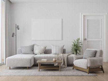 Duvar ve poster çerçeveli İskandinav oturma odası 3D görünüm taklit