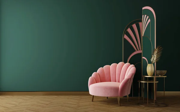 Art Deco Εσωτερικό Κλασικό Στυλ Ροζ Καναπέ Και Οθόνη Απόδοση — Φωτογραφία Αρχείου