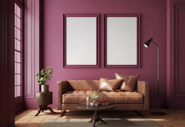 Purple interior room with picture frame mockup.3d rendering