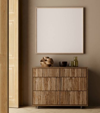 Koyu kahverengi odada boş resim çerçevesi modellemesi. Çekmece numarası 33D.